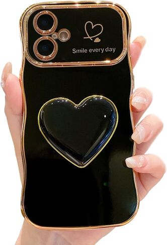 Compatible with Cute iPhone 17 Pro Max case 6.9'', Pink Wave Frame Shape Phone Case with Love-Heart Kickstand Raised Camera Protection Luxury Plating Shockproof TPU Protective Cover for Women Girls in Kuwait