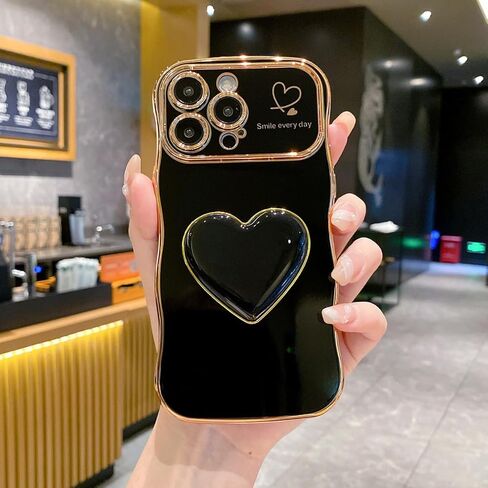 Compatible with Cute iPhone 17 Pro Max case 6.9'', Pink Wave Frame Shape Phone Case with Love-Heart Kickstand Raised Camera Protection Luxury Plating Shockproof TPU Protective Cover for Women Girls in Kuwait