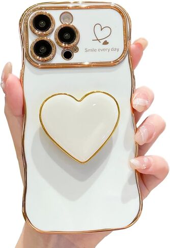 Compatible with Cute iPhone 17 Pro Max case 6.9'', Pink Wave Frame Shape Phone Case with Love-Heart Kickstand Raised Camera Protection Luxury Plating Shockproof TPU Protective Cover for Women Girls in Kuwait
