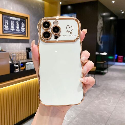 Compatible with Cute iPhone 17 Pro Max case 6.9'', Pink Wave Frame Shape Phone Case with Love-Heart Kickstand Raised Camera Protection Luxury Plating Shockproof TPU Protective Cover for Women Girls in Kuwait