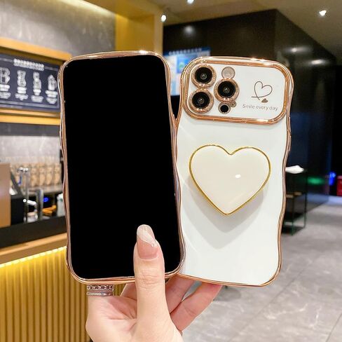 Compatible with Cute iPhone 17 Pro Max case 6.9'', Pink Wave Frame Shape Phone Case with Love-Heart Kickstand Raised Camera Protection Luxury Plating Shockproof TPU Protective Cover for Women Girls in Kuwait