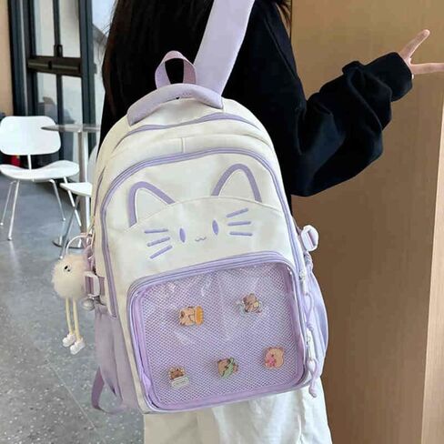 Kawaii Cat Ita Bag Backpack with Pin Badge Display Stylish Travel Bag for Women, Lightweight Design for Fashion Lovers (Brown) in Saudi Arabia