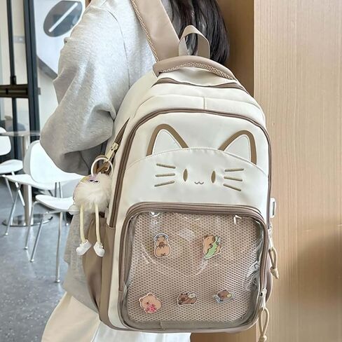 Kawaii Cat Ita Bag Backpack with Pin Badge Display Stylish Travel Bag for Women, Lightweight Design for Fashion Lovers (Brown) in Saudi Arabia