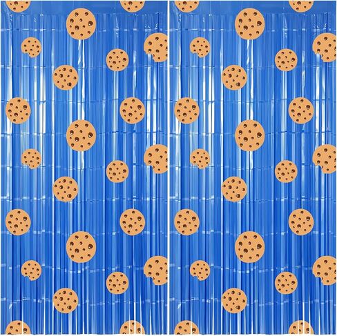 Newwiee 2 Pack Cookie Theme Party Decorations Blue Cartoon Tinsel Foil Fringe Curtains Blue Backdrop Party Supplies for Birthday Photo Props Celebration Decorations in Saudi Arabia