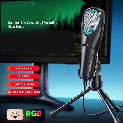 ميكروفون USB للألعاب من Sanpyl للكمبيوتر الشخصي، ميكروفون كمبيوتر مكثف RGB مع حامل ثلاثي القوائم قابل للتعديل، وإلغاء الضوضاء، لتسجيل بث البث in Saudi Arabia