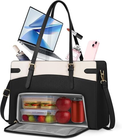 RAINSMORE Lunch Tote Bag for Women 15.6 inch Laptop Bags with Insulated Lunch Compartment PU Work Bag for Teacher Office,Black in Saudi Arabia