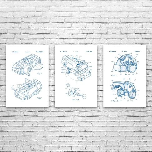 VR Headset Patent Posters Set of 3 (12x18), VR Gift, Arcade Decor, Game Store Wall Art, Game Collector Gift, Virtual Reality Blue & White in Saudi Arabia