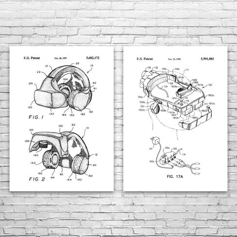 VR Headset Patent Prints Set of 2 (16x20), VR Gift, Arcade Decor, Game Collector Gift, Game Store Wall Art, VR Headset Blueprint Black & White in Saudi Arabia
