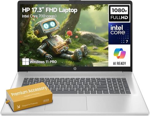 HP 17 Inch Laptop Computer L017, 17.3" FHD IPS Business Laptop PC, Intel Core 7 (Beat 13th Gen i7-1355U, 10-core), Windows 11 Pro, 10-Key Number Pad | Wi-Fi 6 | USB-C | Silver | 64GB RAM 2TB SSD in Kuwait