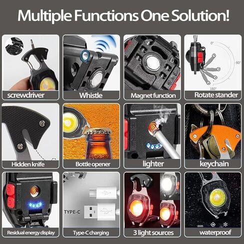 COB Keychain Work Light Keychain Flashlights 7 أوضاع إضاءة، مصباح عمل محمول قابل لإعادة الشحن في حالات الطوارئ مع فتاحة زجاجات قابلة للطي لصيد الأسماك والتخييم والمشي in Kuwait