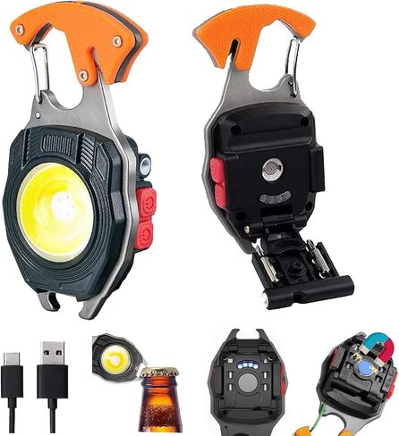 COB Keychain Work Light Keychain Flashlights 7 أوضاع إضاءة، مصباح عمل محمول قابل لإعادة الشحن في حالات الطوارئ مع فتاحة زجاجات قابلة للطي لصيد الأسماك والتخييم والمشي in Kuwait