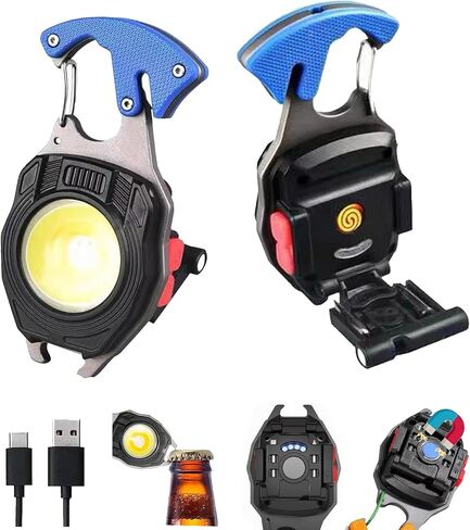COB Keychain Work Light Keychain Flashlights 7 أوضاع إضاءة، مصباح عمل محمول قابل لإعادة الشحن في حالات الطوارئ مع فتاحة زجاجات قابلة للطي لصيد الأسماك والتخييم والمشي in Kuwait