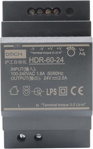 HDR-60-24 24V 2.5A 60W مزود طاقة، محول تيار متردد 100-240 فولت إلى تيار مستمر 24 فولت، لإضاءة LED وأنظمة CCTV والطابعات ثلاثية الأبعاد ومعدات الشبكات وأجهزة التحكم الصناعية in Kuwait