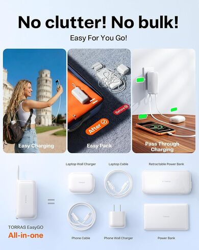 شاحن متنقل TORRAS EasyGo 3 في 1 مع قابس حائط وكابل USB-C قابل للسحب، حزمة بطارية شحن سريع 10000 مللي أمبير في الساعة لهواتف iPhone 17/16/15 وSamsung والكمبيوتر المحمول وMacBook - ضروري للسفر in Saudi Arabia