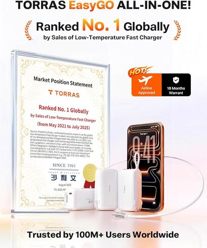 شاحن متنقل TORRAS EasyGo 3 في 1 مع قابس حائط وكابل USB-C قابل للسحب، حزمة بطارية شحن سريع 10000 مللي أمبير في الساعة لهواتف iPhone 17/16/15 وSamsung والكمبيوتر المحمول وMacBook - ضروري للسفر in Saudi Arabia