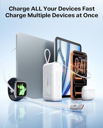 شاحن متنقل TORRAS EasyGo 3 في 1 مع قابس حائط وكابل USB-C قابل للسحب، حزمة بطارية شحن سريع 10000 مللي أمبير في الساعة لهواتف iPhone 17/16/15 وSamsung والكمبيوتر المحمول وMacBook - ضروري للسفر in Saudi Arabia