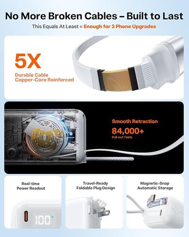 شاحن متنقل TORRAS EasyGo 3 في 1 مع قابس حائط وكابل USB-C قابل للسحب، حزمة بطارية شحن سريع 10000 مللي أمبير في الساعة لهواتف iPhone 17/16/15 وSamsung والكمبيوتر المحمول وMacBook - ضروري للسفر in Saudi Arabia