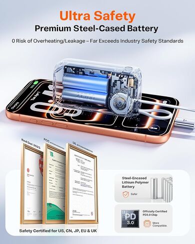 شاحن متنقل TORRAS EasyGo 3 في 1 مع قابس حائط وكابل USB-C قابل للسحب، حزمة بطارية شحن سريع 10000 مللي أمبير في الساعة لهواتف iPhone 17/16/15 وSamsung والكمبيوتر المحمول وMacBook - ضروري للسفر in Saudi Arabia