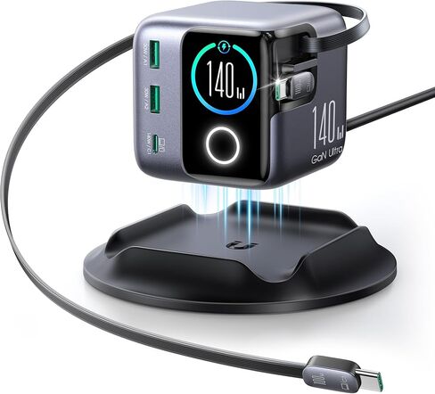محطة شحن JOYROOM 5 في 1 USB C، شاحن سطح مكتب فائق السرعة 140 وات بخمسة منافذ مع كابلات USB-C مزدوجة قابلة للسحب 100 وات (2.6 قدم)، شاشة عرض طاقة LCD ذكية 1.54 بوصة لأجهزة MacBook وiPhone والمنزل والمكتب in Saudi Arabia