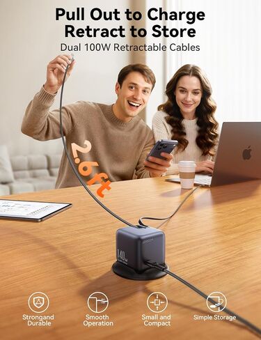 محطة شحن JOYROOM 5 في 1 USB C، شاحن سطح مكتب فائق السرعة 140 وات بخمسة منافذ مع كابلات USB-C مزدوجة قابلة للسحب 100 وات (2.6 قدم)، شاشة عرض طاقة LCD ذكية 1.54 بوصة لأجهزة MacBook وiPhone والمنزل والمكتب in Saudi Arabia