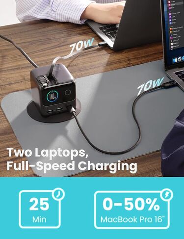 محطة شحن JOYROOM 5 في 1 USB C، شاحن سطح مكتب فائق السرعة 140 وات بخمسة منافذ مع كابلات USB-C مزدوجة قابلة للسحب 100 وات (2.6 قدم)، شاشة عرض طاقة LCD ذكية 1.54 بوصة لأجهزة MacBook وiPhone والمنزل والمكتب in Saudi Arabia