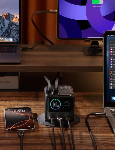 محطة شحن JOYROOM 5 في 1 USB C، شاحن سطح مكتب فائق السرعة 140 وات بخمسة منافذ مع كابلات USB-C مزدوجة قابلة للسحب 100 وات (2.6 قدم)، شاشة عرض طاقة LCD ذكية 1.54 بوصة لأجهزة MacBook وiPhone والمنزل والمكتب in Saudi Arabia