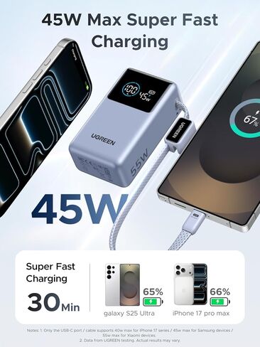 بنك الطاقة UGREEN Nexode Pro بقدرة 10,000 مللي أمبير في الساعة بقدرة 45 وات، شاحن محمول صغير الحجم، كابل USB-C مدمج، حزمة بطارية شحن فائقة السرعة PD مع شاشة رقمية لهاتف iPhone 17/16 Pro Max Air/Galaxy S25 Ultra in Kuwait