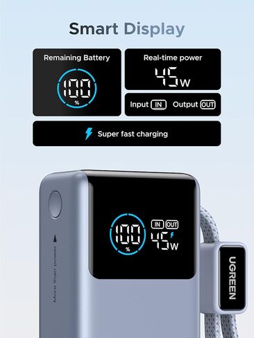 بنك الطاقة UGREEN Nexode Pro بقدرة 10,000 مللي أمبير في الساعة بقدرة 45 وات، شاحن محمول صغير الحجم، كابل USB-C مدمج، حزمة بطارية شحن فائقة السرعة PD مع شاشة رقمية لهاتف iPhone 17/16 Pro Max Air/Galaxy S25 Ultra in Kuwait