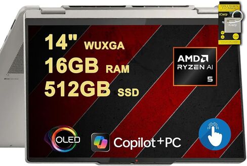 Lenovo Yoga 7 2 في 1 كمبيوتر محمول 14 بوصة WUXGA OLED Touch (100% DCI-P3، 600nits HDR) AMD 6-core Ryzen AI 5 340 (ما يصل إلى 50 قمة) 16 جيجابايت DDR5 512 جيجابايت SSD لمصمم الأعمال الاحترافي Win11 ICP Hub مع Copilot AI in Kuwait
