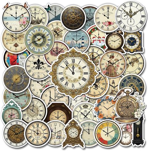 50 Pcs Clock Sticker Waterproof Vintage Clocks Decal Nostalgic Vinyl Stickers Water Bottle Laptop Phone Luggage Journaling Scrapbooking Planner Bike Headphone Christmas Gifts for Teens Coworker in Saudi Arabia