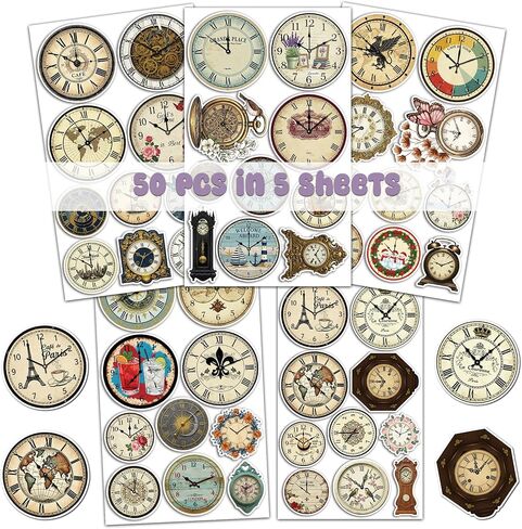 50 Pcs Clock Sticker Waterproof Vintage Clocks Decal Nostalgic Vinyl Stickers Water Bottle Laptop Phone Luggage Journaling Scrapbooking Planner Bike Headphone Christmas Gifts for Teens Coworker in Saudi Arabia