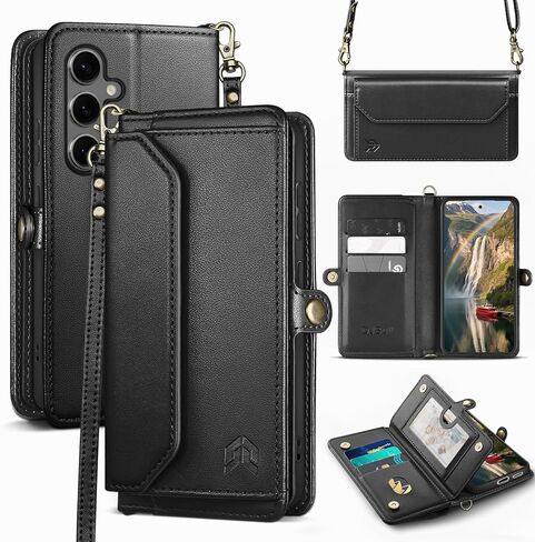 DJBull for Samsung Galaxy S25 Wallet Case with Card Holder, Shoulder and Wristlet Straps, Soft PU Leather, Magnetic Snap, Flip Phone Case for Women Men for Samsung S25 Black in Saudi Arabia