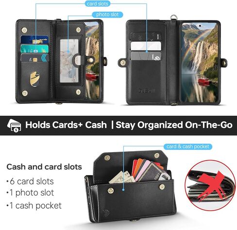 DJBull for Samsung Galaxy S25 Wallet Case with Card Holder, Shoulder and Wristlet Straps, Soft PU Leather, Magnetic Snap, Flip Phone Case for Women Men for Samsung S25 Black in Saudi Arabia