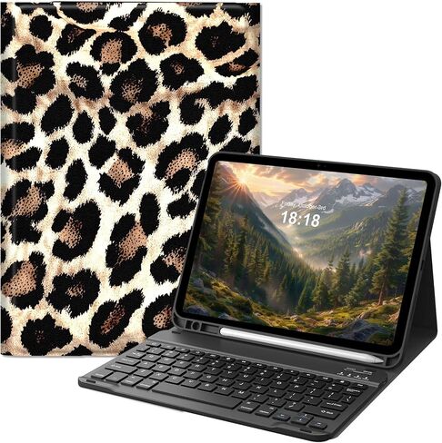 حافظة لوحة مفاتيح لجهاز iPad 11th (A16, 2025) وiPad الجيل العاشر 10.9 بوصة (2022)، غطاء رفيع قابل للطي مع لوحة مفاتيح بلوتوث قابلة للفصل ومسند، تصميم واقٍ بطباعة جلد الفهد 02 in Kuwait