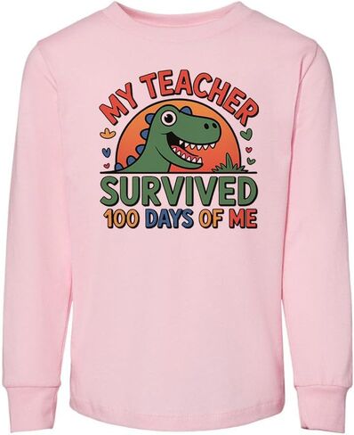 TeesAndTankYou Dinosaur My Teacher Survived 100 Days of Me Toddler Kids Long Sleeve T-Shirt in Saudi Arabia