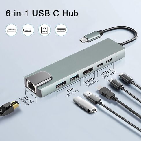 USB C Hub Multiport Adapter for MacBook Air,6 in 1 USBC Dongle with 4K HDMI,RJ45 Ethernet,100W PD,USB 3.0/2.0,USB-C Docking Station for MacBook Pro/Air,iPad Pro,XPS,etc in Saudi Arabia