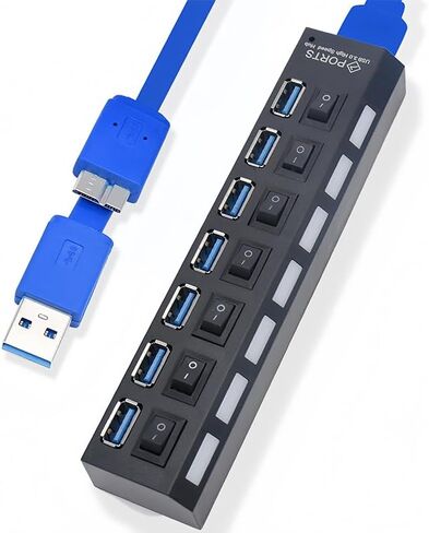 USB 3.0 Hub with Individual On/Off LED Switches, 1 USB 3.0 and 6 USB 2.0 Ports Hub Splitter with 0.52m/20.5'' Cable, Portable USB Adapter USB Extender for Data Transfer and Charging, Black in Saudi Arabia