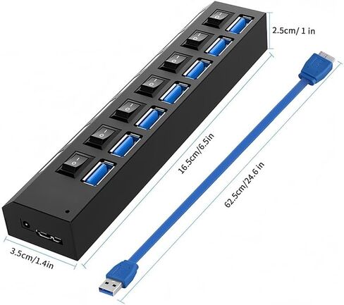 USB 3.0 Hub with Individual On/Off LED Switches, 1 USB 3.0 and 6 USB 2.0 Ports Hub Splitter with 0.52m/20.5'' Cable, Portable USB Adapter USB Extender for Data Transfer and Charging, Black in Saudi Arabia