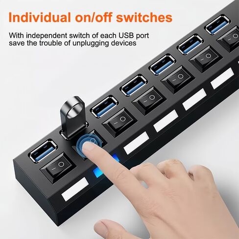 USB 3.0 Hub with Individual On/Off LED Switches, 1 USB 3.0 and 6 USB 2.0 Ports Hub Splitter with 0.52m/20.5'' Cable, Portable USB Adapter USB Extender for Data Transfer and Charging, Black in Saudi Arabia
