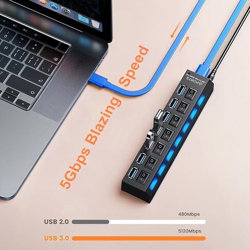 USB 3.0 Hub with Individual On/Off LED Switches, 1 USB 3.0 and 6 USB 2.0 Ports Hub Splitter with 0.52m/20.5'' Cable, Portable USB Adapter USB Extender for Data Transfer and Charging, Black in Saudi Arabia
