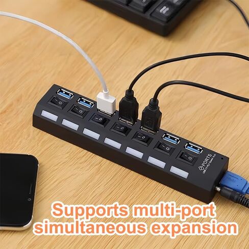USB 3.0 Hub with Individual On/Off LED Switches, 1 USB 3.0 and 6 USB 2.0 Ports Hub Splitter with 0.52m/20.5'' Cable, Portable USB Adapter USB Extender for Data Transfer and Charging, Black in Saudi Arabia