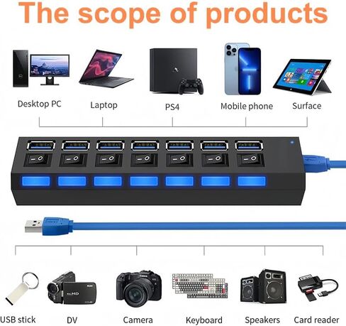 USB 3.0 Hub with Individual On/Off LED Switches, 1 USB 3.0 and 6 USB 2.0 Ports Hub Splitter with 0.52m/20.5'' Cable, Portable USB Adapter USB Extender for Data Transfer and Charging, Black in Saudi Arabia