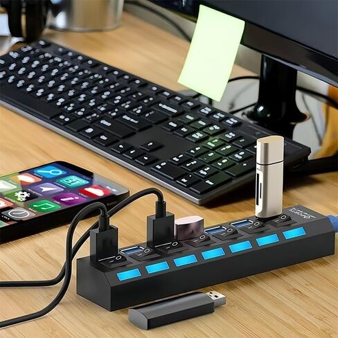 USB 3.0 Hub with Individual On/Off LED Switches, 1 USB 3.0 and 6 USB 2.0 Ports Hub Splitter with 0.52m/20.5'' Cable, Portable USB Adapter USB Extender for Data Transfer and Charging, Black in Saudi Arabia