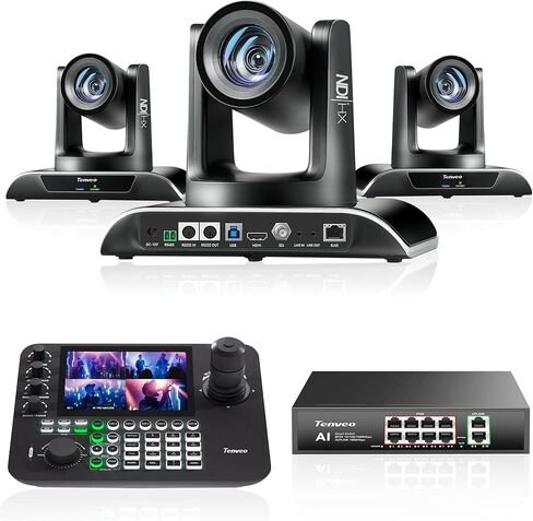 Tenveo PTZ Camera Bundle/Kits - 30X NDI AI Auto Tracking 3G-SDI/HDMI/USB3.0/LAN(PoE) PTZ Camera(*3), 7’’ LCD Quad-Screen NDI PTZ Joystick Controller and 8 Port Gigabit PoE Switch for Live Streaming in Kuwait