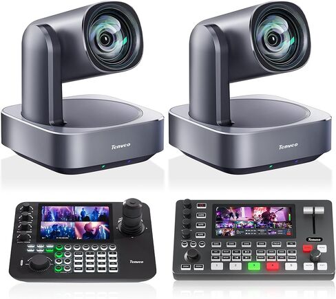 Tenveo 4K PTZ Camera and Controller Bundle/Kit, 4K 12X AI Tracking HDMI/USB3.0/LAN/PoE PTZ Camera(2PCS), NDI PTZ Controller 7" Quad-Screen and Video Switcher Mixer for Live Streaming in Saudi Arabia