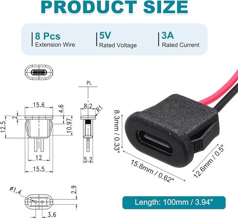 MECCANIXITY 8 قطع من هيكل أنثى من النوع C سلك 2 دبوس، مقبس أنثى USB-C مربع 5 فولت 3 أمبير إلى كابل تمديد طرفي مقاوم للماء للكمبيوتر الشخصي، مصابيح LED، كمبيوتر محمول 4 بوصات in Kuwait