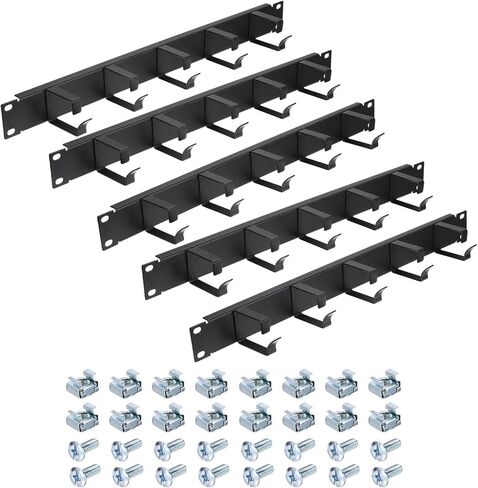 مدير كابلات PATIKIL 1U 5 D-Ring، 5 عبوات معدنية مقاس 19 بوصة مثبتة على حامل معدني أفقي لإدارة الأسلاك للرفوف وخزائن الخادم، أسود in Kuwait