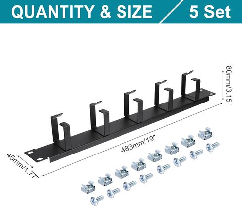 مدير كابلات PATIKIL 1U 5 D-Ring، 5 عبوات معدنية مقاس 19 بوصة مثبتة على حامل معدني أفقي لإدارة الأسلاك للرفوف وخزائن الخادم، أسود in Kuwait