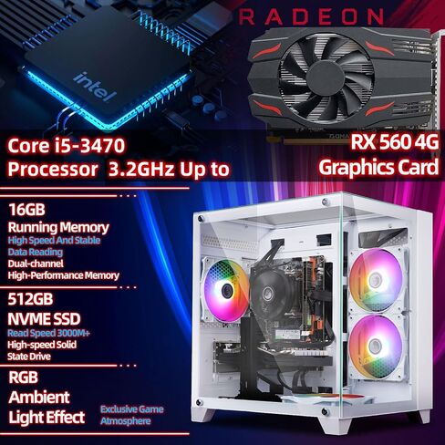 كمبيوتر مكتبي للألعاب، Radeon RX 560 4G، Intel Core i5 حتى 3.6 جيجا هرتز، 16 جيجا GDDR3، 512 جيجا SSD، WiFi 6، RGB Fan x 5، Windows 11 Home in Kuwait