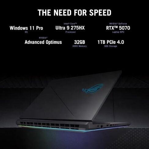 كمبيوتر محمول للألعاب ASUS ROG Strix G18، مقاس 18 بوصة Nebula 16:10 2.5K 240 هرتز/3 مللي ثانية، GeForce RTX™ 5070، Intel® Core™ Ultra 9 275HX، 32 جيجابايت DDR5-5600، 1 تيرابايت PCIe Gen 4 SSD، Wi-Fi 7، Windows 11 Pro in Saudi Arabia